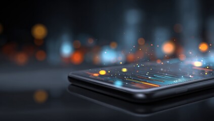 Abstract glowing streaks emanate from a sleek device reflecting a blurred cityscape suggesting connectivity and modern digital communication.