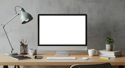 Creative designer table with empty white laptop screen and supplies in modern office. Mock up, 3D Rendering 