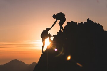 Two hikers helping each other climb a mountain at sunset