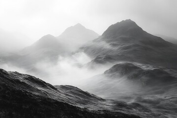 Windswept moors shrouded thick morning fog no human no labelling no logo