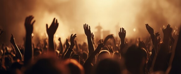 The crowd celebrating at a vibrant live music concert under dramatic lighting.