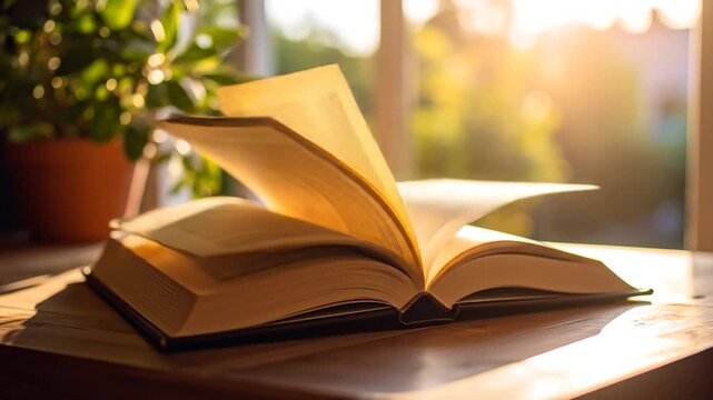Open book with turned pages bathed in warm sunlight, beside a plant on a wooden surface