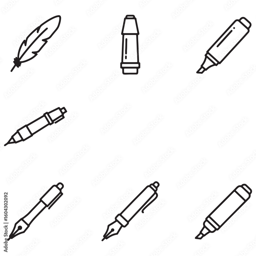 Aufkleber collection of simple outlined vector illustrations depicting writing instruments and a feather