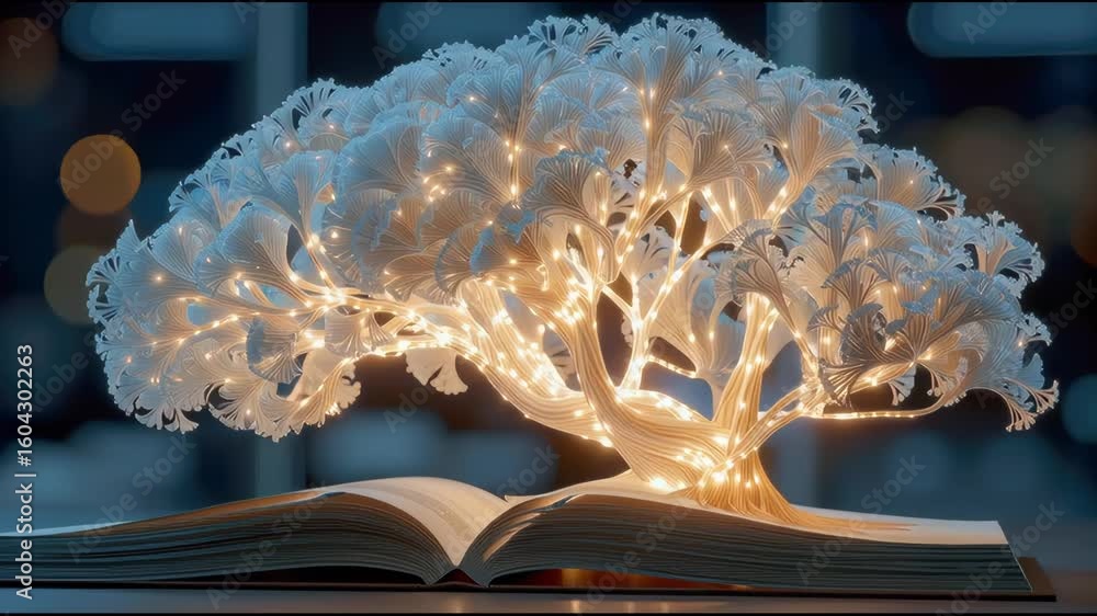 Poster a luminous white tree resembling a neural network emerges from the pages of an open book, symbolizin
