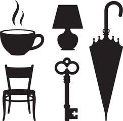 Black silhouettes of a cup of coffee a lamp a chair a key and an umbrella steam
