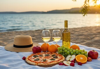 Romantic beach picnic at sunset with pizza wine and fruit