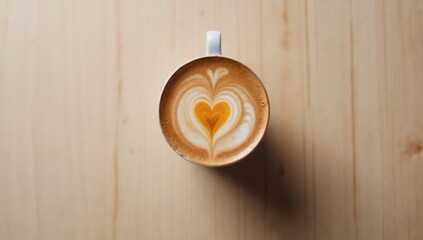 Coffee cup with heart latte art on a wooden table, top view