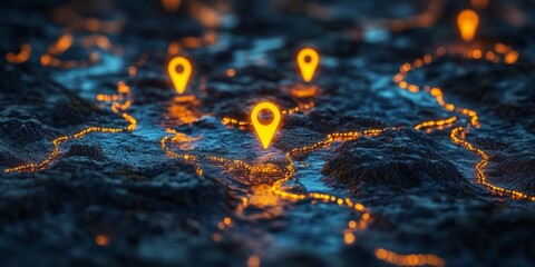 Abstract city map at night with luminous GPS pins, showcasing futuristic navigation and the power of digital mapping.