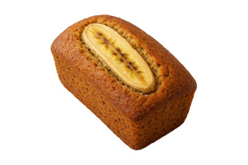 Freshly baked banana cake loaf with a slice of banana on top, isolated on transparent background. Perfect for bakery, dessert menu, homemade treats, or healthy snack concept in food photography
