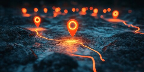 Night map with highlighted routes and vibrant GPS markers, emphasizing advanced navigation and data visualization.