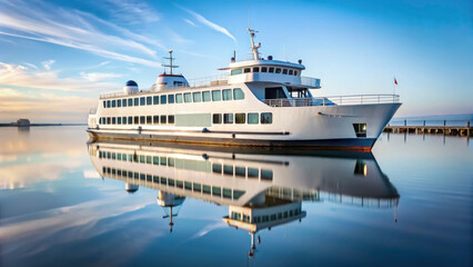 A ferry boat rests peacefully on the glassy surface of the water, reflecting the vibrant colors of the sunrise around it. The waterfront enhances the serene atmosphere