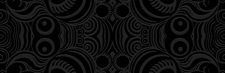 Banner, cover design, wallpaper, fresco. Geometric ethnic exotic pattern on a black background. 3D, embossing. Zentangle, doodling. Ornaments, arabesques, mandala of the East, Asia, India, Mexico