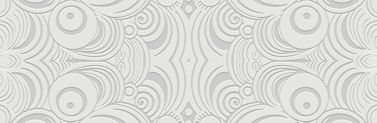 Banner, cover design, wallpaper, fresco. Geometric ethnic exotic pattern on white background. 3D, embossing. Zentangle, doodling. Ornaments, arabesques, mandala of the East, Asia, India, Mexico, Aztec