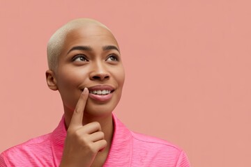 Woman with blonde buzz cut and pink robe image