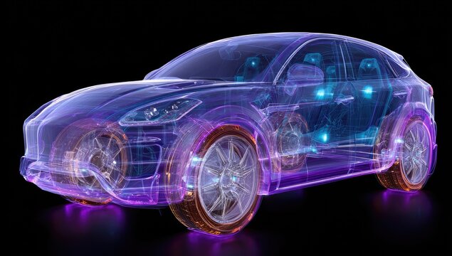 3D x-ray view of a modern SUV, glowing with internal components