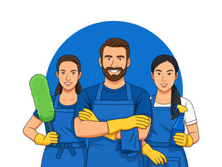 smiling cleaning lady cleaning crew illustration clipart
