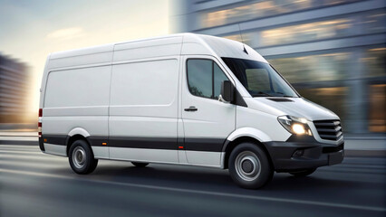 A white delivery van moves swiftly through a city street, passing by contemporary buildings. The scene captures the hustle of urban transportation during daylight