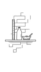 Minimalist shelf illustration with ruler, bottle, and bowl representing home organization and study
