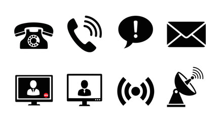A collection of communication icons depicting various methods of contact, from vintage rotary phones to modern satellite technology.