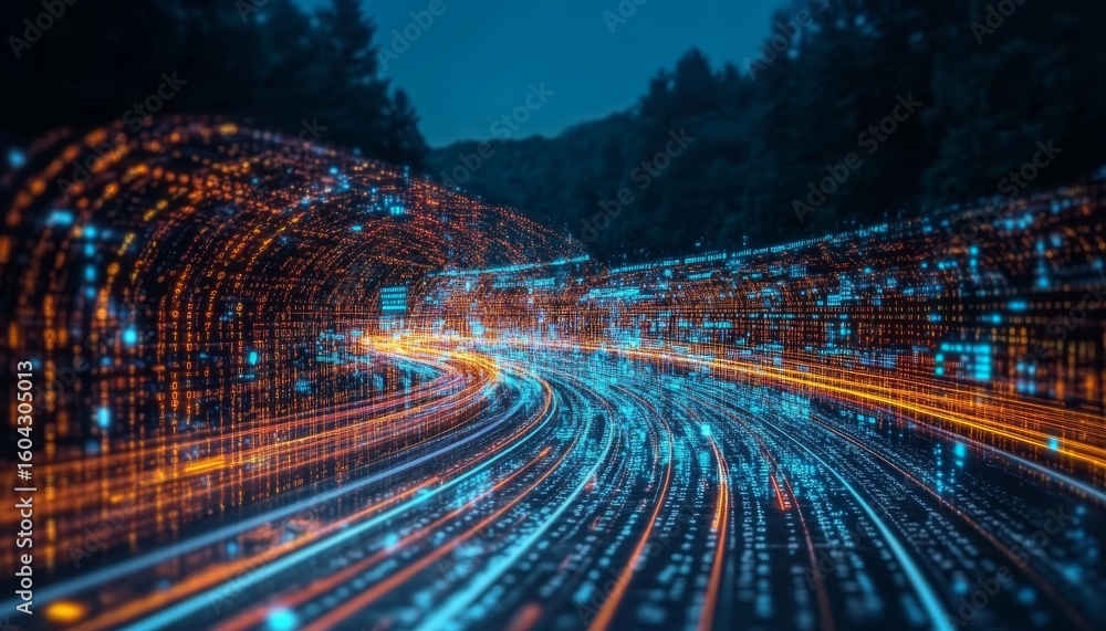 Aufkleber digital information flows on a highway, representing global cyber communication and fast speed