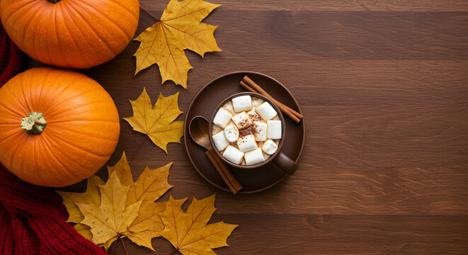 Autumn fall holiday cozy background with pumpkin, orange leaves, hot cocoa drink marshmallow in cup on brown wooden table, happy halloween thanksgiving decoration, above top overhead view, copy space