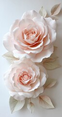 Two large, pale peach roses with delicate leaves, arranged on a light background