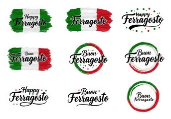 Happy ferragosto italian holiday celebration with flags and greetings