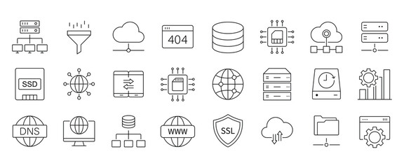 Web hosting line icon set. Containing internet, cloud computing, server, database, SSL, FTP, domain, firewall, data hosting, website and more. Editable line icons. Vector illustration.
