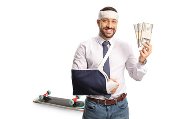 Injured man from a skateboard accident holding money
