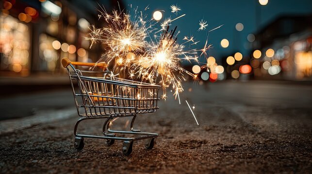 Mini shopping cart with fireworks, holiday shopping concept, celebration scene, festive retail, small cart art