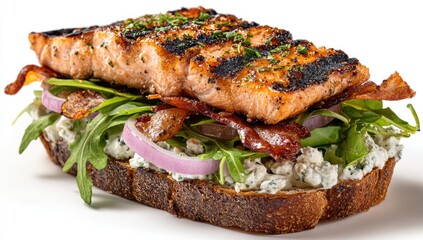 Grilled salmon sandwich with bacon, arugula, and creamy dressing