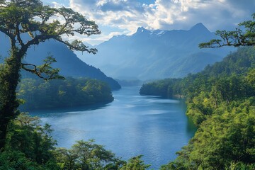 Vibrant river valley framed towering mountains and thick forests no human no labelling no logo