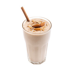 delicious almond smoothie in tall glass garnished with almond and cinnamon stick  isolated on white background
