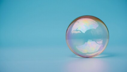 Colorful iridescent bubble on a vibrant blue background with copy space