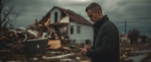 The man conducting a disaster assessment in a storm-damaged neighborhood.