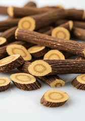 Cookies on a white background, Pile of dried kava kava roots on white background., this natural herbal planOrganic Dried Licorice Root Slices for Herbal Use, cinnamon sticks on wooden background
