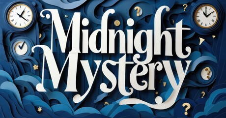 Dramatic title card features Midnight Mystery text. Clocks, question marks, ornate details suggest intrigue, suspense. Blue tones dominate design.