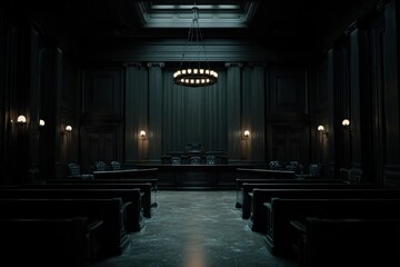 An eerie and solemn courtroom stands ready for justice with dark wood paneling and a circular chandelier casting a dim glow.