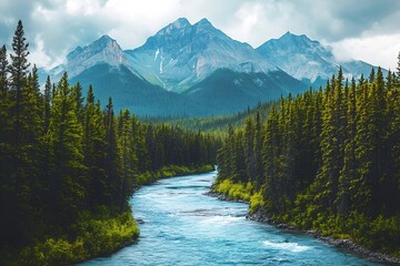 Vibrant river valley framed towering mountains and thick forests no human no labelling no logo