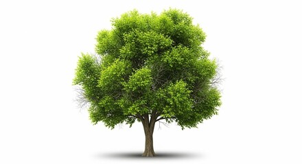 Lush green tree against a plain white background, showcasing vibrant foliage and a strong trunk.