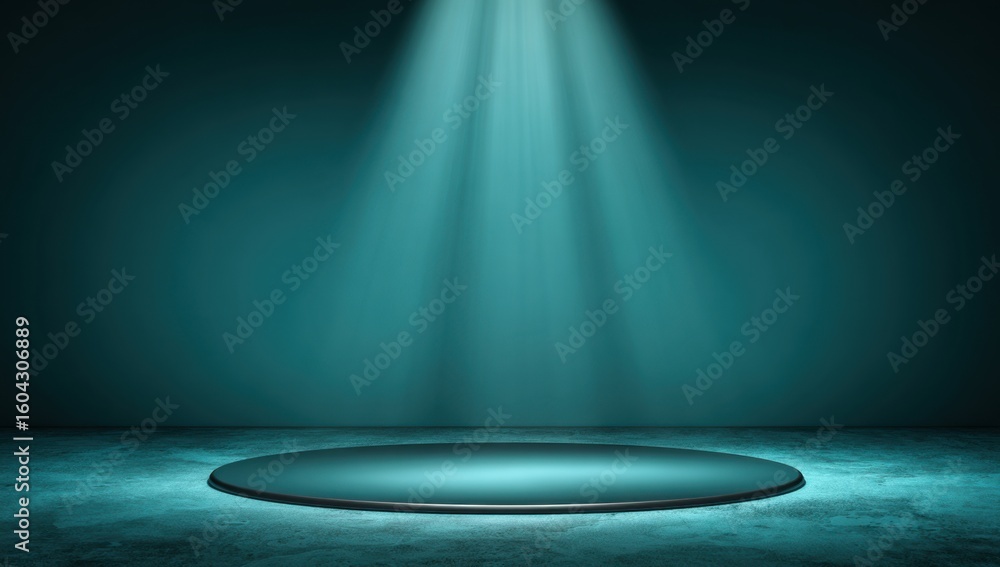 Poster an ethereal spotlight illuminates a circular platform stage set against a textured backdrop creating