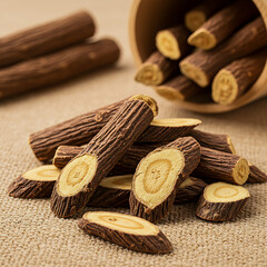 Cookies on a white background, Pile of dried kava kava roots on white background., this natural herbal planOrganic Dried Licorice Root Slices for Herbal Use, cinnamon sticks on wooden background