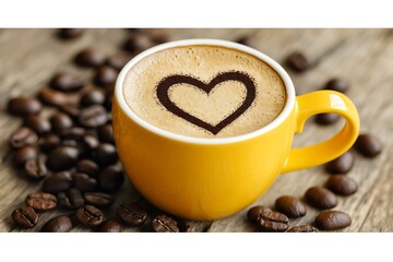 A yellow coffee cup contains latte art shaped like a heart