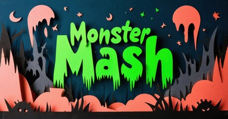 Papercraft scene depicts spooky Halloween night. Bright text Monster Mash over dark background, pumpkins, bats, moon visible.