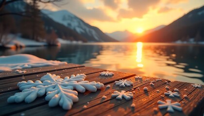 Sunset Reflections with Snowflakes on Dock – Serene Mountain Lake Photography