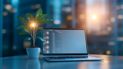 modern laptop with blank screen on a table in a smart city office setting with blurred background