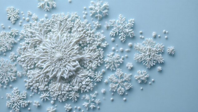 White snowflakes clustered on light blue background