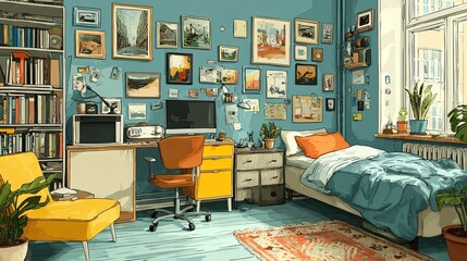 Modern college dorm room scene, student housing interior, stylish small space design, academic living concept, cozy art