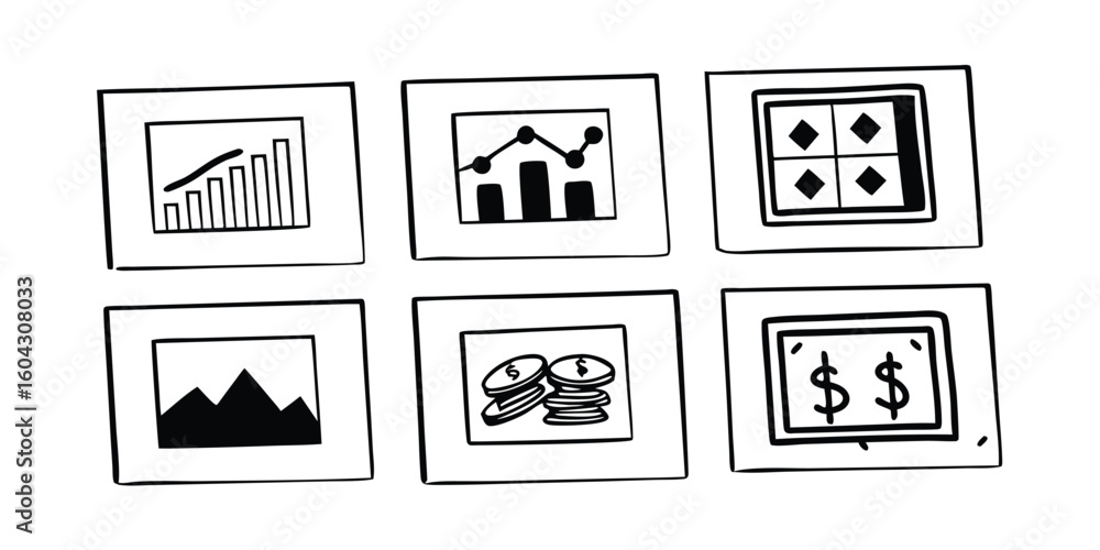 Poster Hand Drawn Business Icons in Frames on Transparent Background for Design Projects
