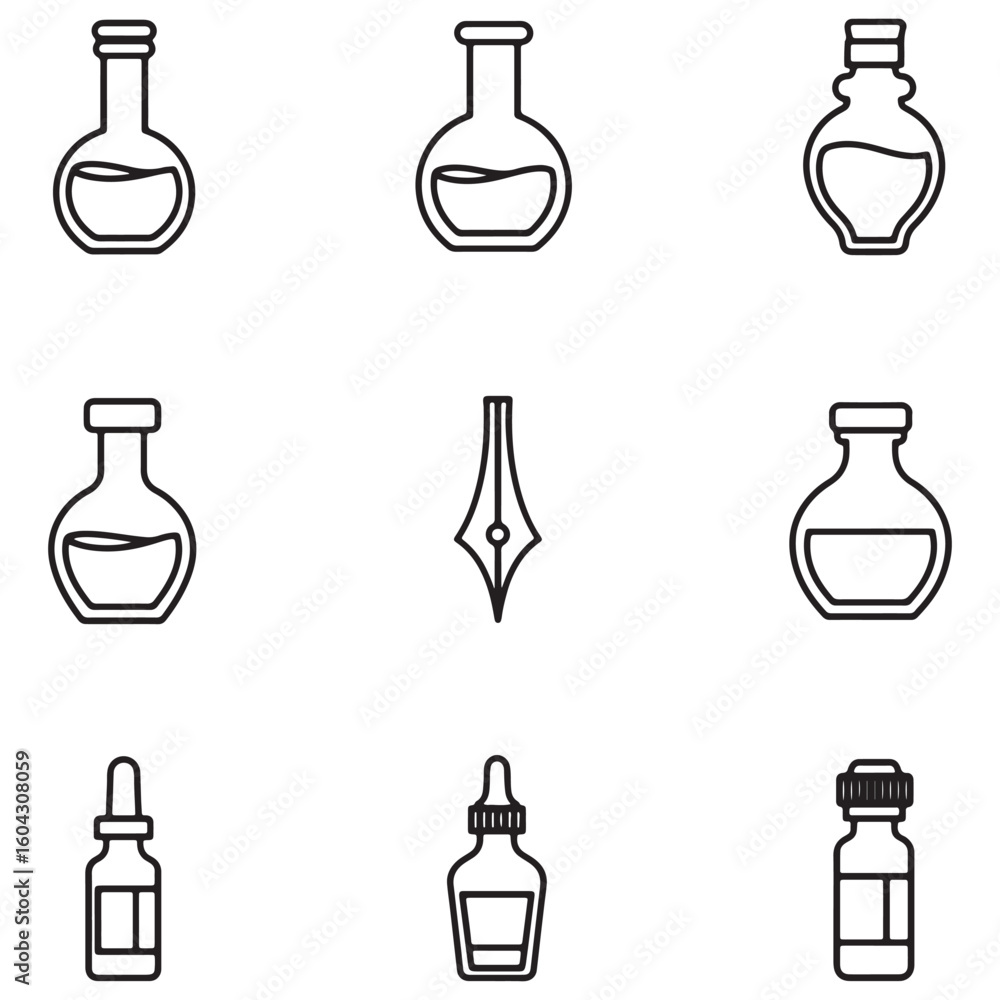 Poster minimalist ink bottles and laboratory flasks outline icons set for design projects
